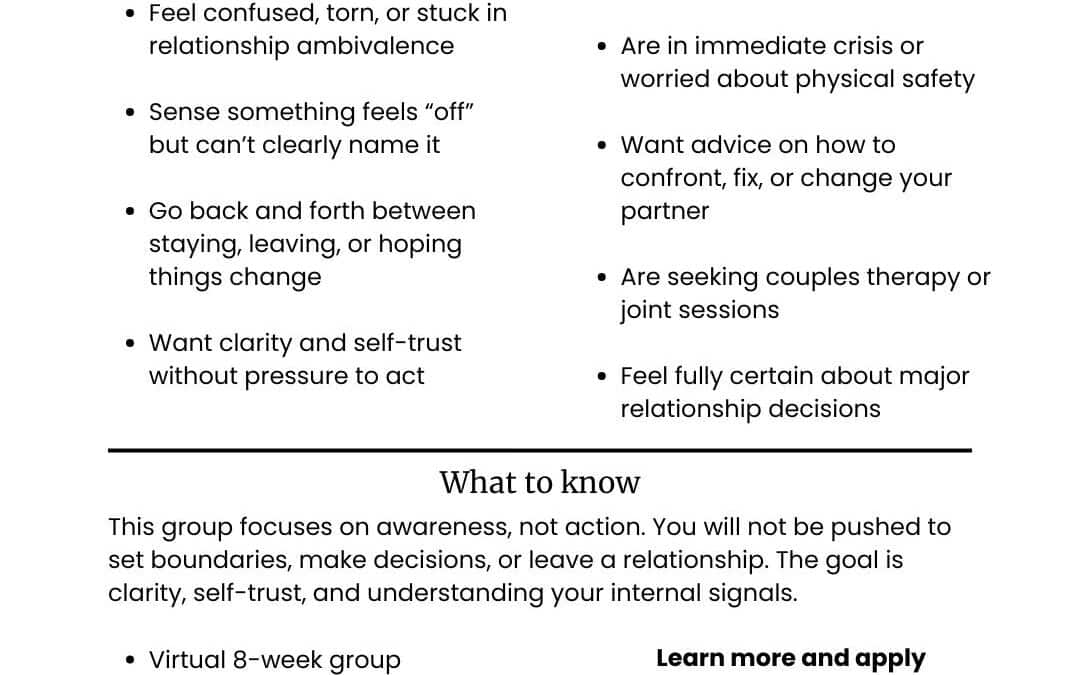 Referral Resource: Women’s Therapy Group for Relationship Ambivalence and Self-Trust