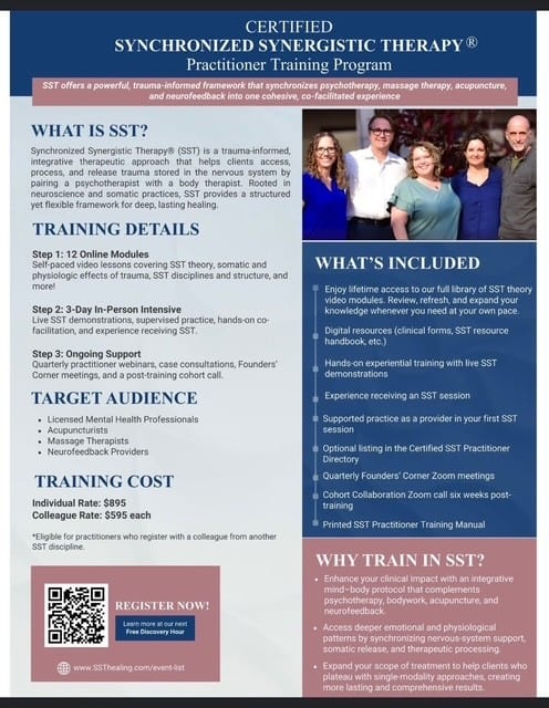 Synchonized Synergetic Therapy is coming to Nashville May 22-24! This three-day training is for Therapists and Body-Based Practitioners who know their clients need more than what they can offer alone.